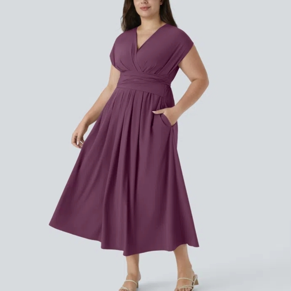 HALARA Plus Size V-Neck Midi Dress in Plum
